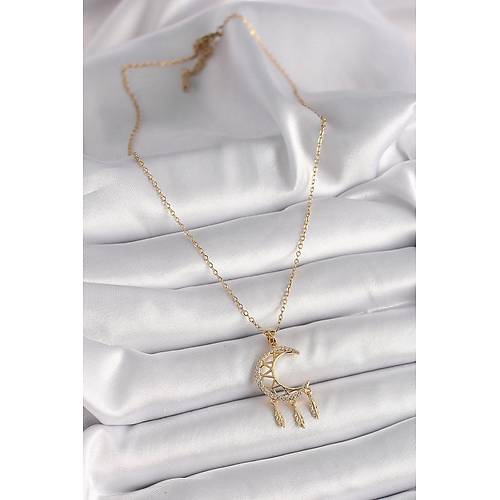316L �elik Gold Renk Zincir Zirkon Ta�l� Hilal Model Sallant� Yaprak Detay Kad�n Kolye