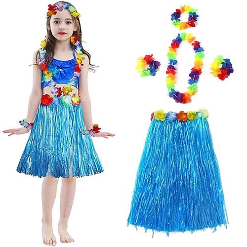 Yeti�kin ve �ocuk Uyumlu Hawaii Luau Aloha Mavi P�sk�ll� Etek Kolye Ta� ve 2 Adet Bileklik Seti