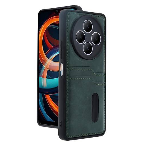 Redmi 14C K�l�f Sara Kartvizitli Deri K�l�f - Koyu Ye�il