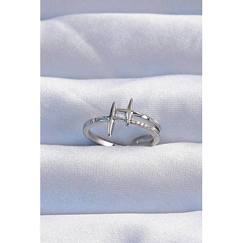 Pirin� G�m�� Renk Zirkon Ta�l� 2li G�r�n�m Ayarlanabilir Y�ld�z Model Y�z�k