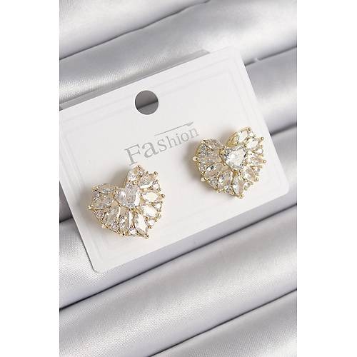 Pirin� Gold Renk Zirkon Ta�l� Kalp Model Kad�n K�pe