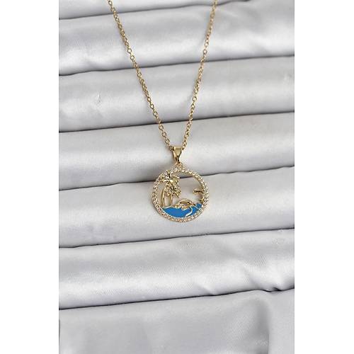 316L �elik Zincir Gold Renk Zirkon Ta�l� Deniz Temal� Kad�n Kolye