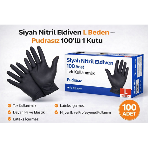 Siyah Nitril Eldiven L Beden Pudras�z 100'l� 1 Kutu Tek Kullan�ml�k Lateks ��ermeyen Dayan�kl� Muayene Eldiveni