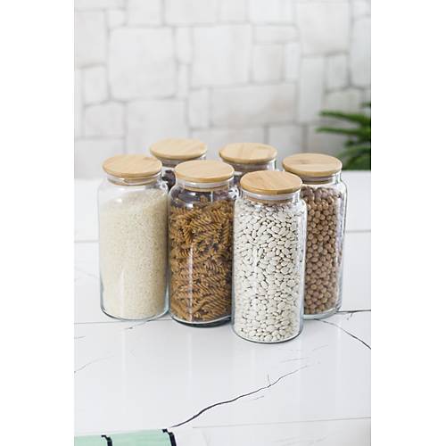 18'li Bambu Kapakl� Cam Kavanoz & Erzak Saklama Kab� Seti 3* 1.3 Lt + 0.80 Lt + 0.50 Lt(Vakum Kapak)