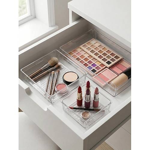 3 Par�a �effaf �ekmece ��i Makyaj Ve Tak� Organizer Seti & Mod�ler B�lmeli D�zenleyici