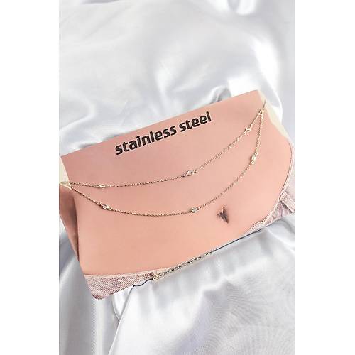 316L �elik Zirkon Ta�l� Damla Model Gold Renk G�bek Bel Zinciri