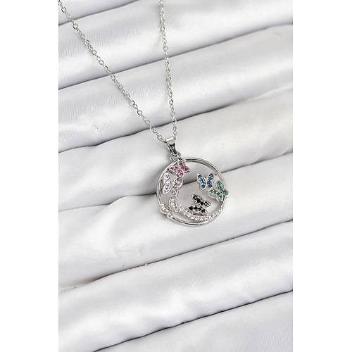 316L �elik Zincir G�m�� Renk Zirkon Ta�l� Kelebekli Kad�n Kolye