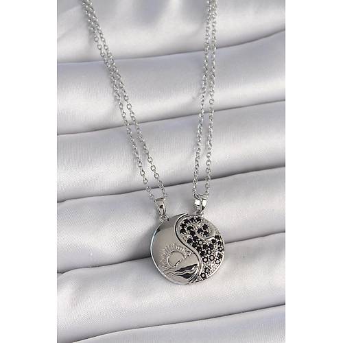 316L �elik G�m�� Renk Zincir Zirkon Ta�l� Ying Yang Model G�n Bat�m� ��lemeli Arakda�l�k Kad�n Kolye