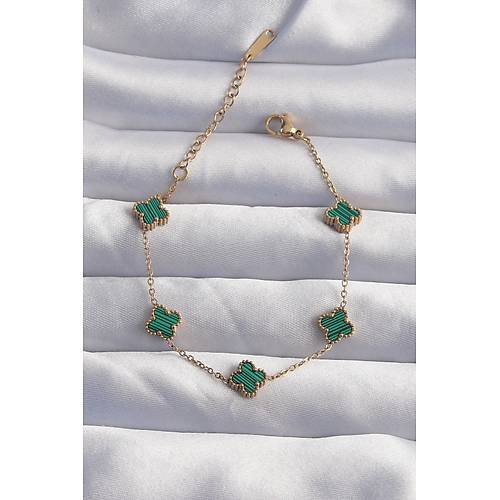 316L �elik Baby Boy Gold Renk �izgili Ye�il Mineli Yonca Bileklik