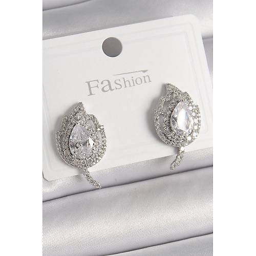 Pirin� G�m�� Renk Zirkon Ta�l� Yaprak Model Kad�n K�pe