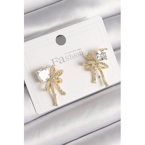 Pirin� Gold Renk Zirkon Ta�l� Kurdele Model Kad�n K�pe