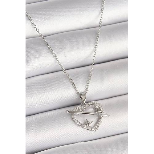 316L �elik G�m�� Renk Zincir Zirkon Ta�l� Kalp Model Y�ld�z Detay Kad�n Kolye