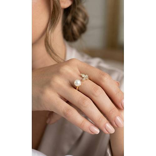 Kelebek �ncili Model Gold Renk Zirkon Ta�l� Kad�n Y�z�k