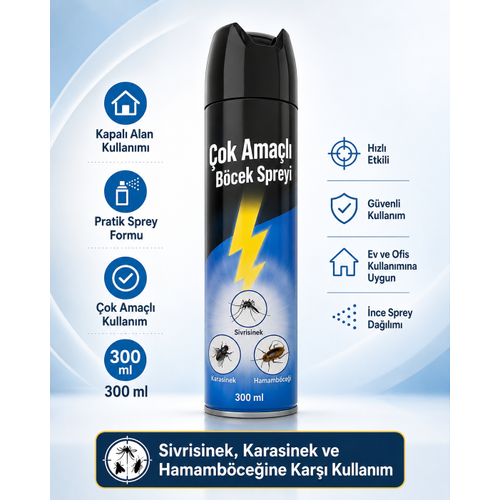�ok Ama�l� B�cek Spreyi 300 ml Sivrisinek Karasinek Hamamb�ce�i ��in Kapal� Alan Aerosol Sprey
