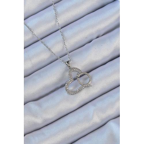 316L �elik Zincir G�m�� Renk Zirkon Ta�l� Y�z�kl� Kalp Kolye