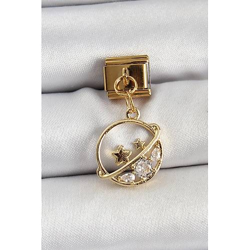 316L �elik Sallant�l� Zirkon Ta�l� Sat�rn Model Gold Renk Nomination Charm