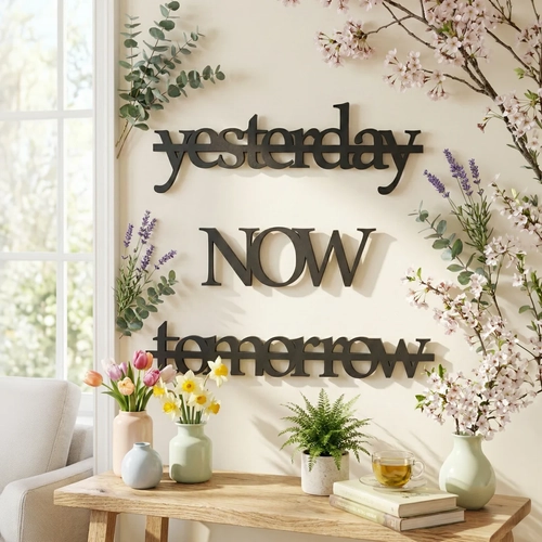 Yesterday Now Tomorrow Duvar Yaz�s� MDF Lazer Kesim Modern Tipografik Duvar S�s�