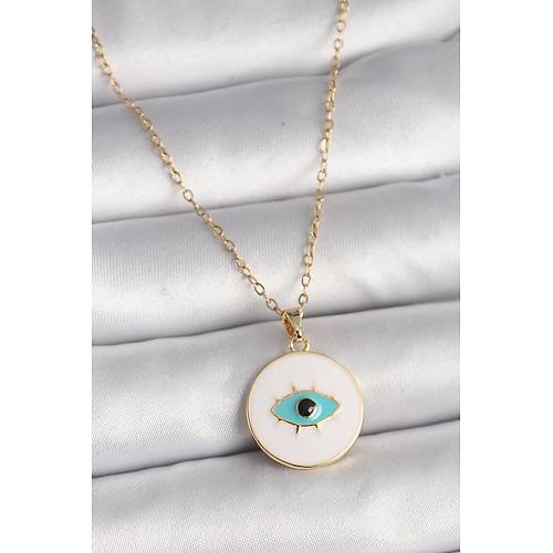 316L �elik Gold Renk Zincir Beyaz Mineli Turkuaz G�z ��leme Model Kad�n Kolye