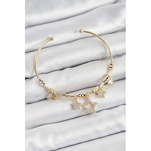 Pirin� Zirkon Ta�l� Y�ld�z Model Gold Renk Charm Bileklik