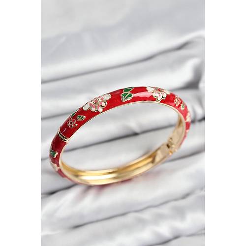 Mineli Pirin� K�rm�z� �i�ek Motifli Gold Kad�n Kelep�e