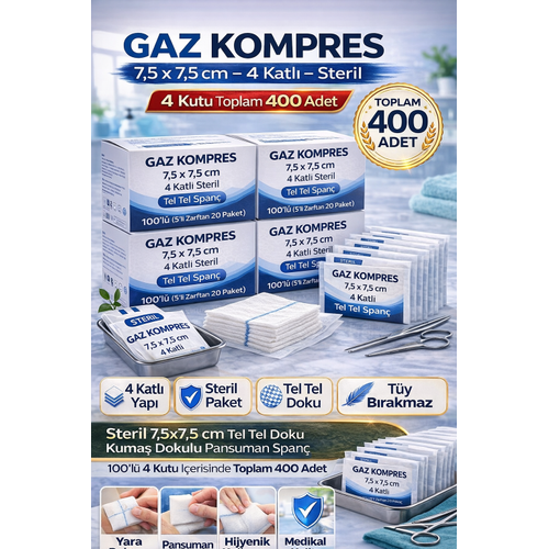 Gaz Kompres 7,5x7,5 cm 4 Katl� Steril 400 Adet Tel Tel Span� Pansuman Bezi(4KUTU)