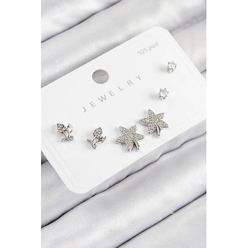 Pirin� Zirkon Ta�l� Y�ld�z Ve G�l Model G�m�� Renk 925 Ayar G�m�� �ivi Kad�n K�pe Set