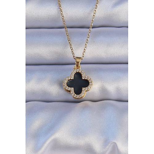 316L �elik Gold Renk Siyah Mineli Zirkon Ta�l� Yonca Fig�rl� Kolye