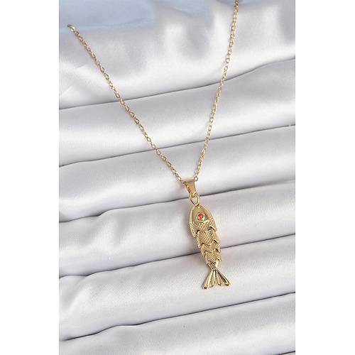 316L �elik Zincir Gold Renk Zirkon Ta�l� Bal�k Fig�rl� Kolye