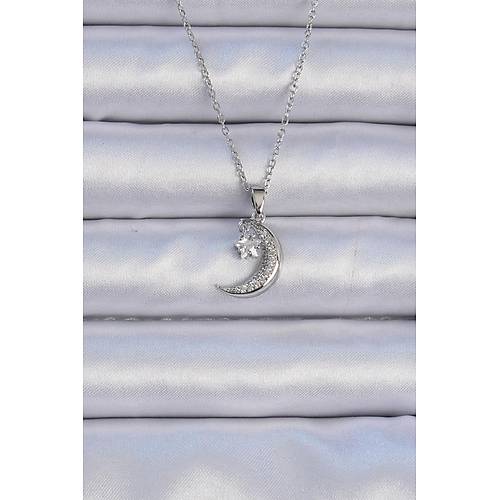 316L �elik Zincir G�m�� Renk Zirkon Ta�l� Sallant�l� Ay Y�ld�z Kolye