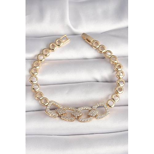 Pirin� Gold Renk Zirkon Ta�l� Daire Zincir Model Kad�n Bileklik