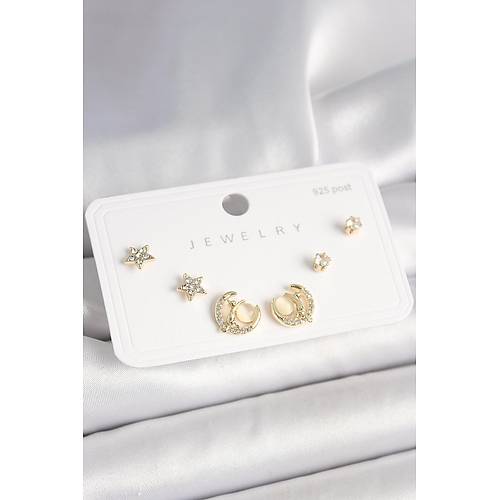 925 Ayar G�m�� �ivi Zirkon Ta�l� Hilal Y�ld�z Model Kad�n K�pe Seti