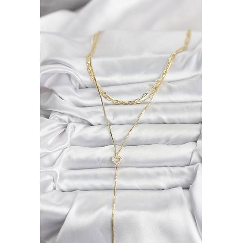 Pirin� Gold Renk Kalp Detayl� 3'l� Kombin Y Kad�n Kolye