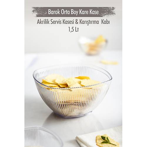 Akrilik Barok �effaf Orta Boy Kare Meyve & Salata Kasesi & Kar��t�rma Kab� / 1,5 Lt (CAM DE��LD�R)