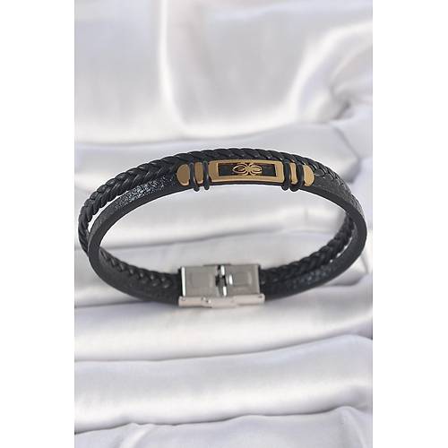 316L �elik Gold Renk �r�mcek Fig�r �ift S�ra Burgu Desenli Deri Kordon Erkek Bileklik