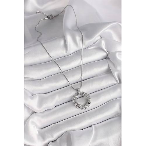 316L �elik G�m�� Renk Zincir Zirkon Ta� Detayl� Bombeli Halka Model Kad�n Kolye