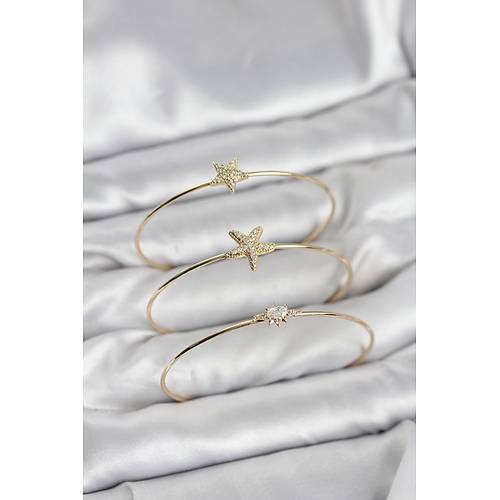 Gold Renk Zirkon Ta�l� Deniz Y�ld�z� Model 3'l� Kad�n Bileklik Kombini