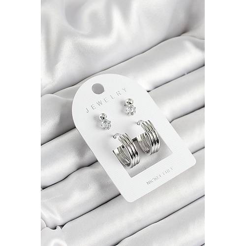 Pirin� Zirkon Ta� Ve Halka Fig�rl� G�m�� Renk 3'l� �ift Kad�n K�pe Set