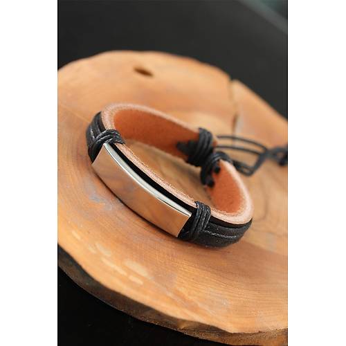 �elik Aksesuarl� Siyah Renk Deri Erkek Bileklik