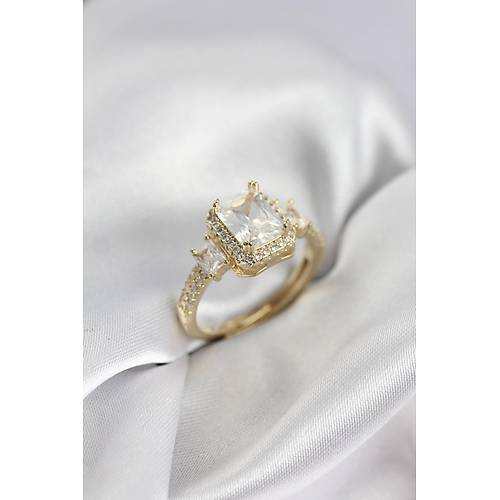 Gold Renk Kare Baget Zirkon Ta�l� Tek Ta� Model Kad�n Y�z�k