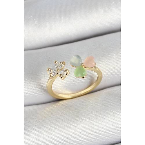 Pirin� Kalp Fig�rl� Zirkon Ta�l� Gold Renk Ayarlanabilir Kad�n Y�z�k