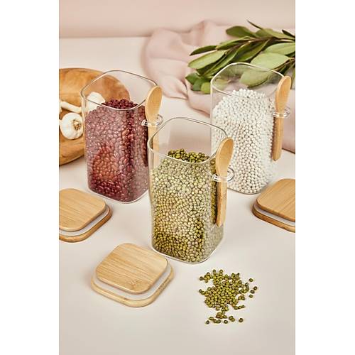 3�l� Bambu Ka��kl� Cam Kavanoz Seti Baharatl�k Saklama D�zenleme Kavanozu 700 ml