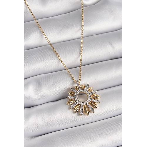 316L �elik Gold Renk Zincir Zirkon Ta�l� Mix Renk G�ne� Model Kad�n Kolye