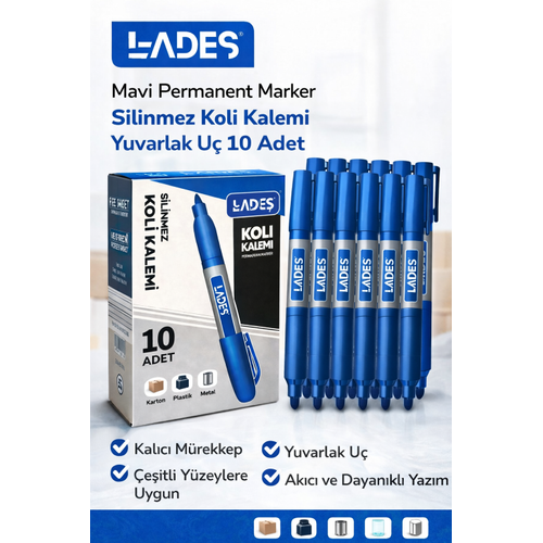 Lades Mavi Permanent Marker Silinmez Koli Kalemi Yuvarlak U� 10 Adet