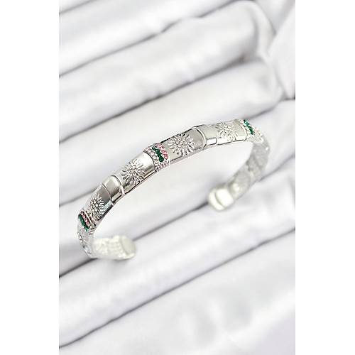 Pirin� Kar���k Zirkon Ta�l� �i�ek Model G�m�� Renk Alt� A��k Kad�n Bileklik