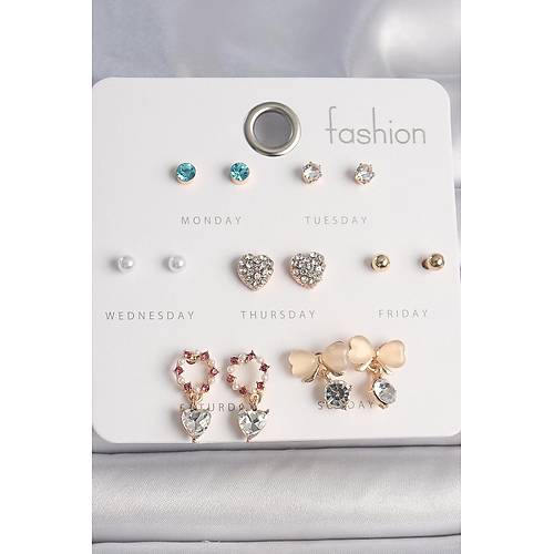 Pirin� Gold Renk Zirkon Ta�l� Kalp Beyaz Mineli Fiyonk Fig�r 7 �ift Kad�n K�pe Seti