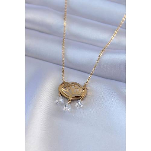 316L �elik Gold Renk Lotus Model Zirkon Ta�l� Kad�n Kolye