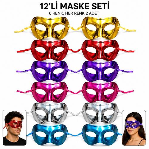12'li Metalik Venedik Toptan Parti Maskesi Seti � 6 Renk Kar���k