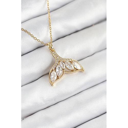 316L �elik Zirkon Ta�l� Bal�k Kuyru�u Model Gold Renk Kad�n Kolye