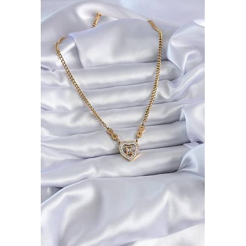 316L �elik Gold Renk Zirkon Ta�l� Kalp Model Sonsuzluk Detay Kad�n Kolye