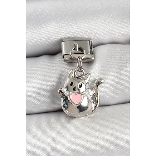 316L �elik Sallant�l� Kalp Detayl� Kedi Model G�m�� Renk Nomination Charm